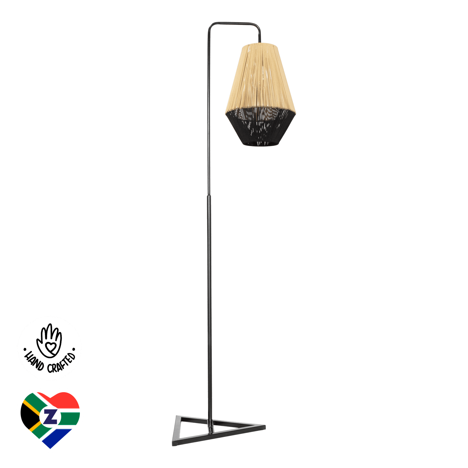 Isgege Black Standing Lamp with Two-Tone Black and Beige Woven Bell Shade
