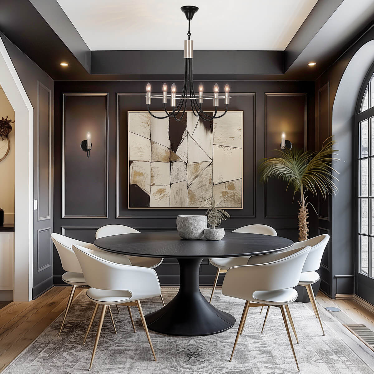 Moody dining room with a Chandelier