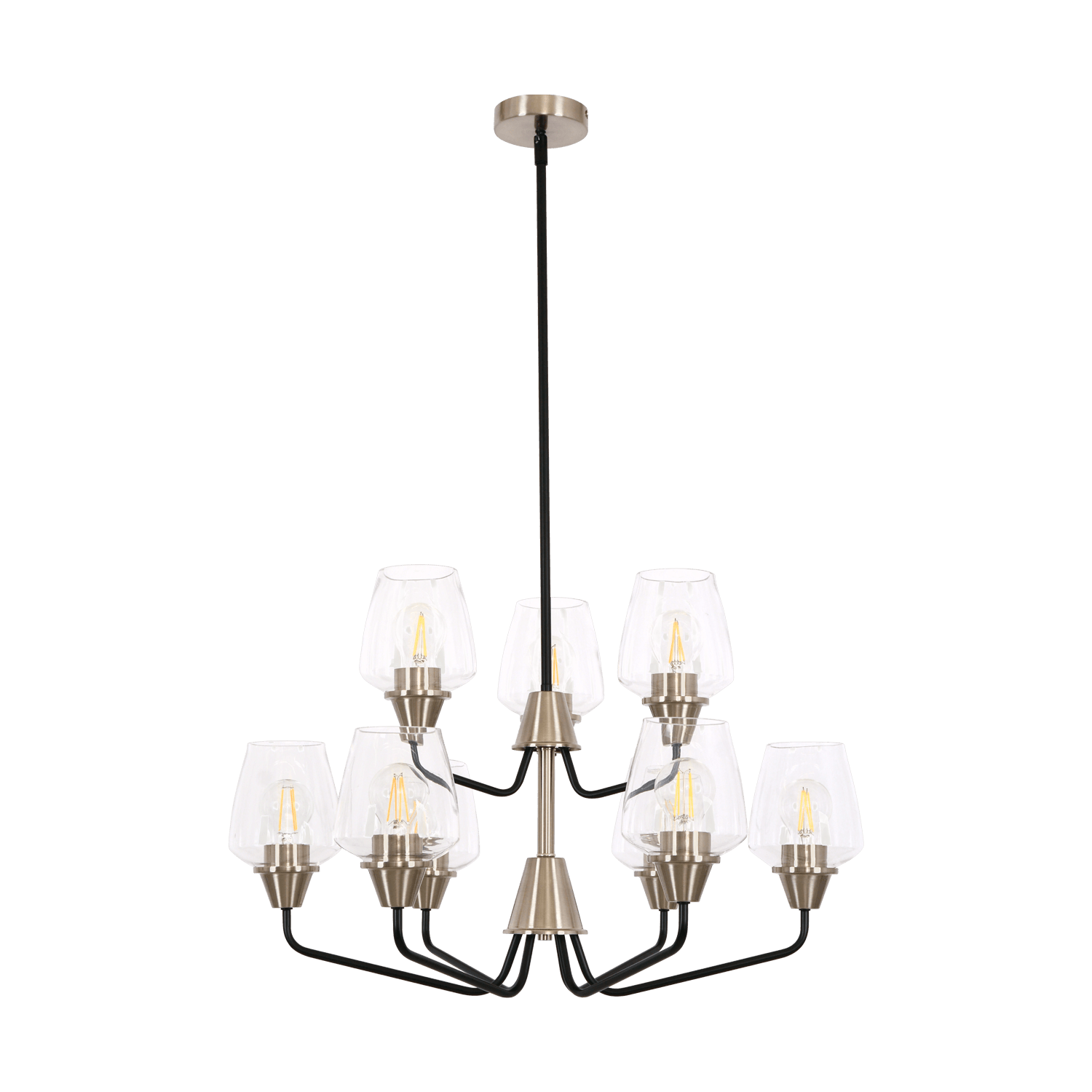9 Light Black and Satin Nickel Chandelier with Clear Glass